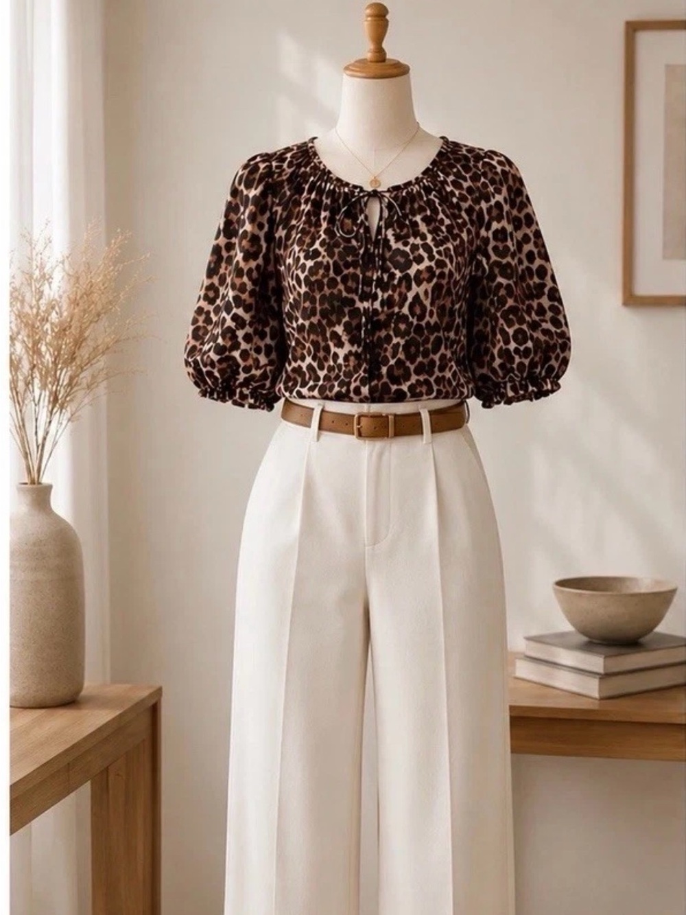 Leopard Print Tie Front Blouse Womens Medium Puff Sleeve Peplum Boho Top